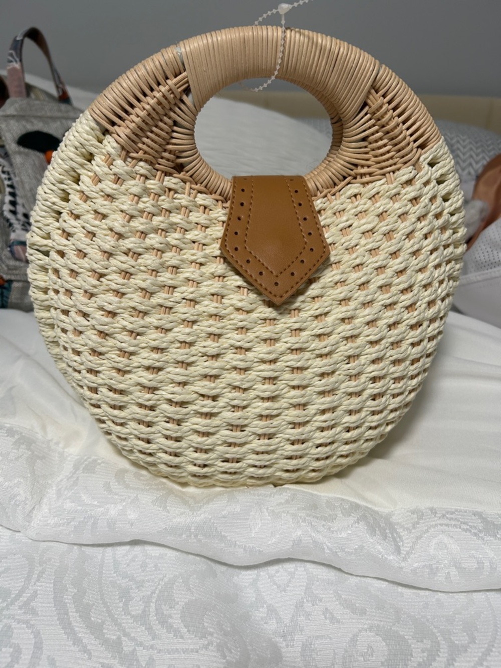 Cream Woven Round Tote with Tan Accent and Wrapped Handle